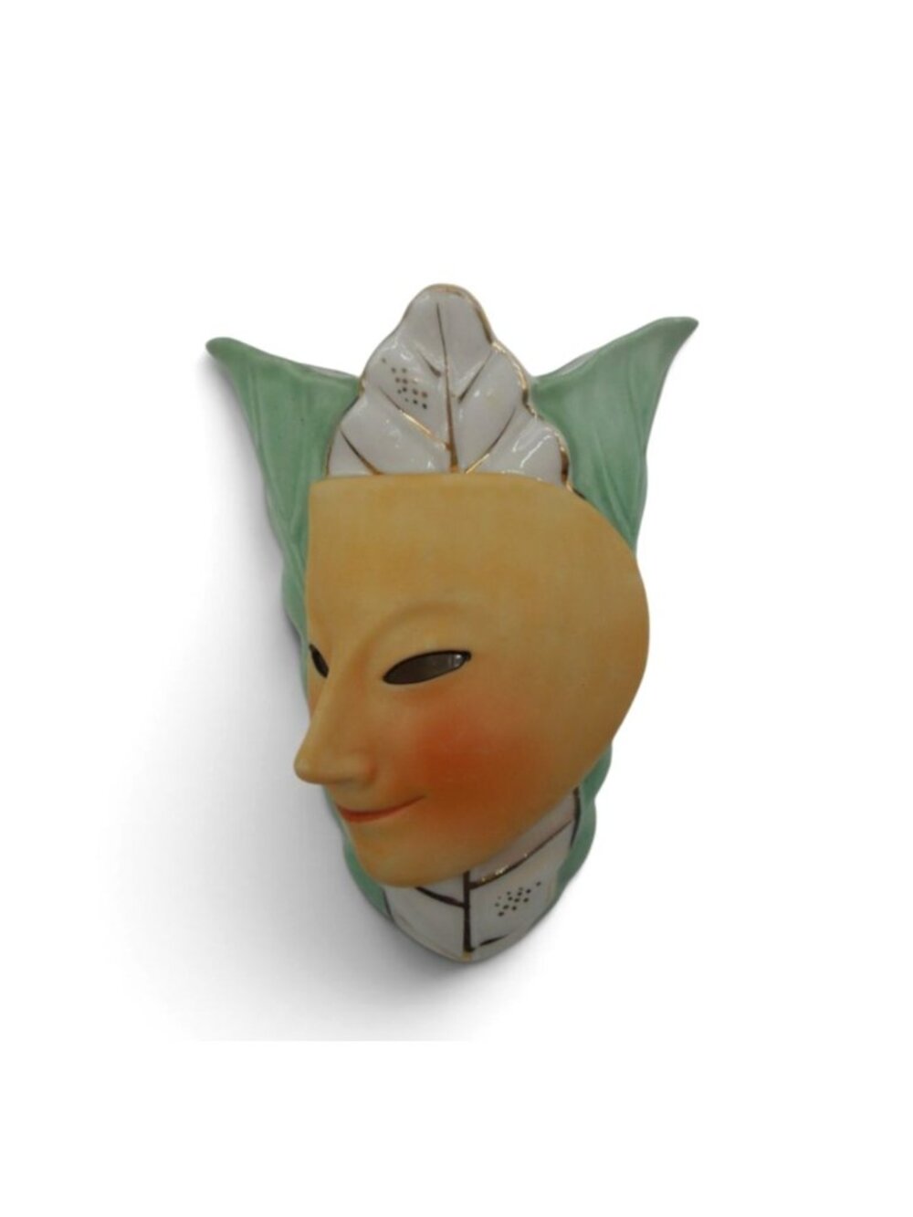 Nippon Yoko Boeki Mask Wall Pocket Porcelain Leaf Gold Trim Japan Vintage